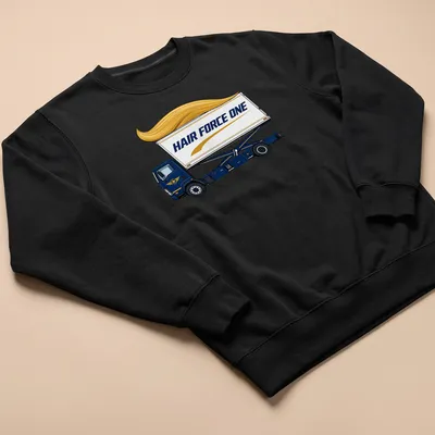Cartoon catering truck design with 'HAIR FORCE ONE' slogan in blue, yellow, and white. — printed on a unisex sweatshirt