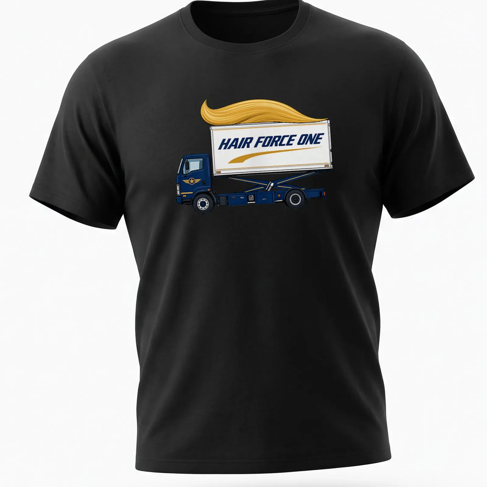 Cartoon catering truck design with 'HAIR FORCE ONE' slogan in blue, yellow, and white. — printed on a unisex t-shirt