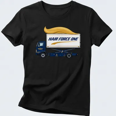 Cartoon catering truck design with 'HAIR FORCE ONE' slogan in blue, yellow, and white. — printed on a women's shirt