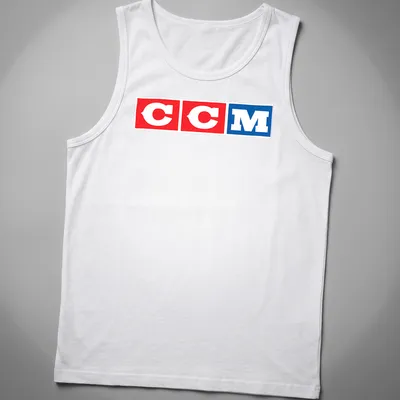 Bold CCM logo in red, white, and blue color block design — printed on a tank top