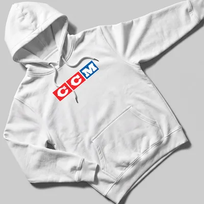 Bold CCM logo in red, white, and blue color block design — printed on a unisex hoodie