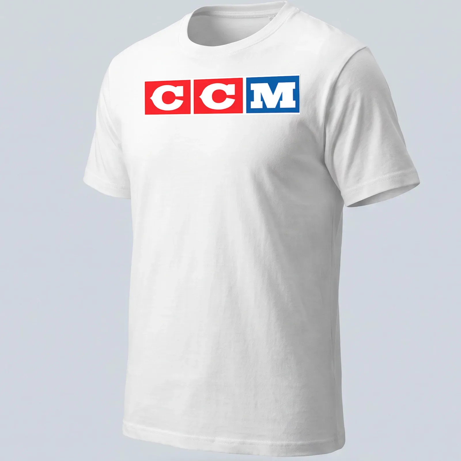 Bold CCM logo in red, white, and blue color block design — printed on a unisex t-shirt