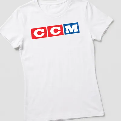 Bold CCM logo in red, white, and blue color block design — printed on a women's shirt