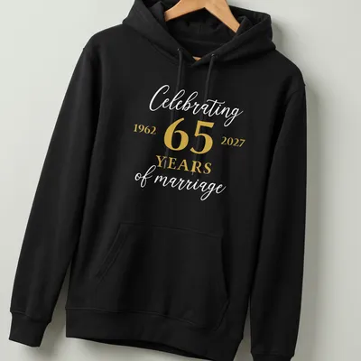 Elegant script T-shirt celebrating 65 years of marriage in gold and white. — printed on a unisex hoodie