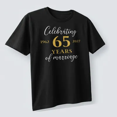 Elegant script T-shirt celebrating 65 years of marriage in gold and white. — printed on a unisex t-shirt (angled view)