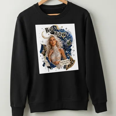 Vintage collage t-shirt featuring a celestial woman and cosmic themes in gold, blue, and earth tones — printed on a unisex sweatshirt