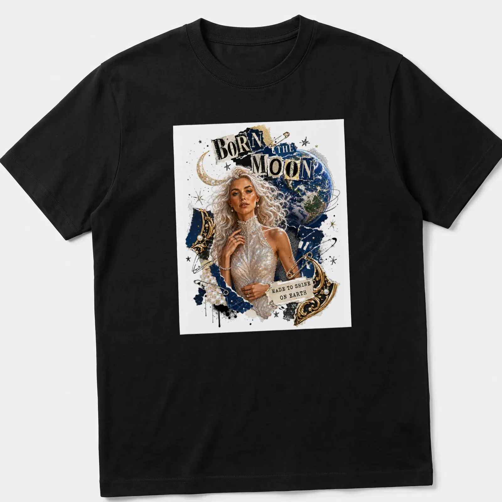 Vintage collage t-shirt featuring a celestial woman and cosmic themes in gold, blue, and earth tones — printed on a unisex t-shirt