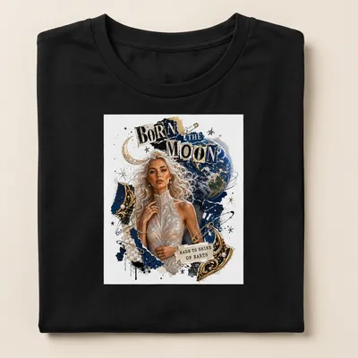 Vintage collage t-shirt featuring a celestial woman and cosmic themes in gold, blue, and earth tones — printed on a women's shirt