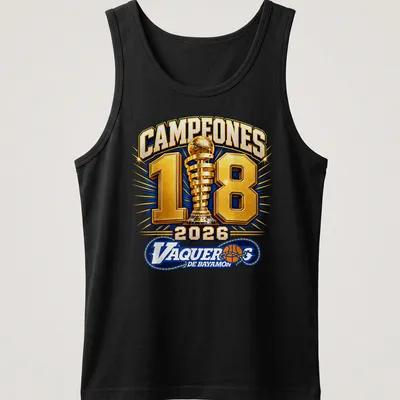 Bold graphic of a championship trophy with text celebrating Vaqueros De Bayamon — printed on a tank top