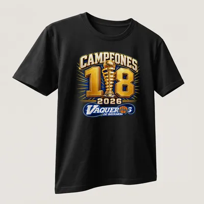 Bold graphic of a championship trophy with text celebrating Vaqueros De Bayamon — printed on a unisex t-shirt (angled view)