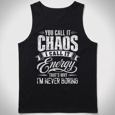 Vintage typography shirt with chaotic energy humor — printed on a tank top