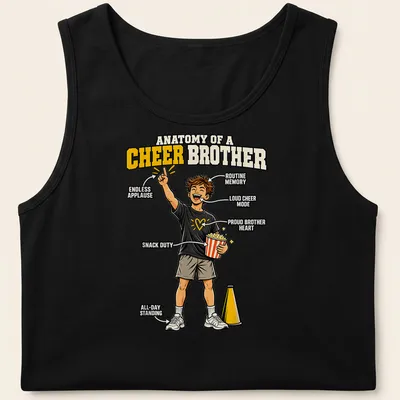 Cartoon-style t-shirt illustrating the roles of a cheer brother with various humorous labels. — printed on a tank top