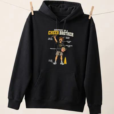 Cartoon-style t-shirt illustrating the roles of a cheer brother with various humorous labels. — printed on a unisex hoodie