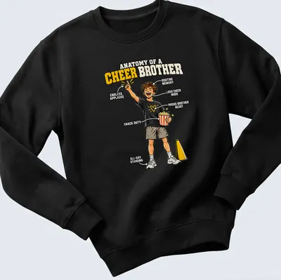 Cartoon-style t-shirt illustrating the roles of a cheer brother with various humorous labels. — printed on a unisex sweatshirt