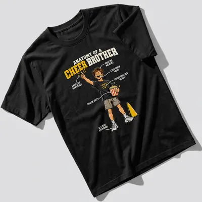 Cartoon-style t-shirt illustrating the roles of a cheer brother with various humorous labels. — printed on a unisex t-shirt