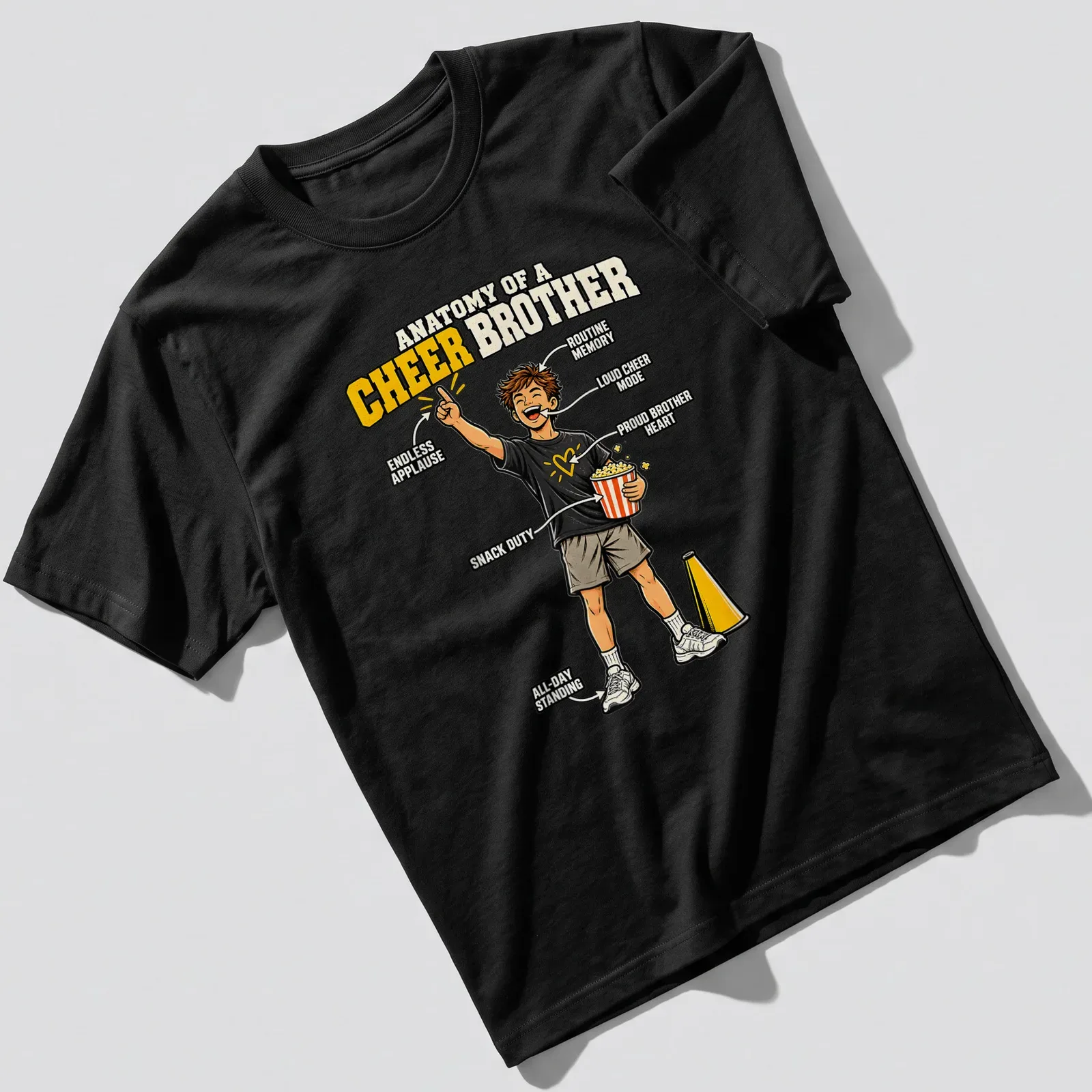 Cartoon-style t-shirt illustrating the roles of a cheer brother with various humorous labels. — printed on a unisex t-shirt