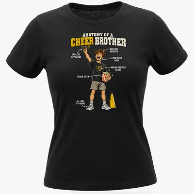 Cartoon-style t-shirt illustrating the roles of a cheer brother with various humorous labels. — printed on a women's shirt