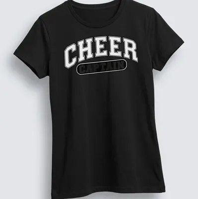 Bold collegiate 'Cheer Captain' t-shirt in black and white — printed on a women's shirt