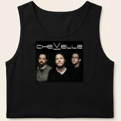 Photographic design of Chevelle band members with bold text above in black and gray — printed on a tank top