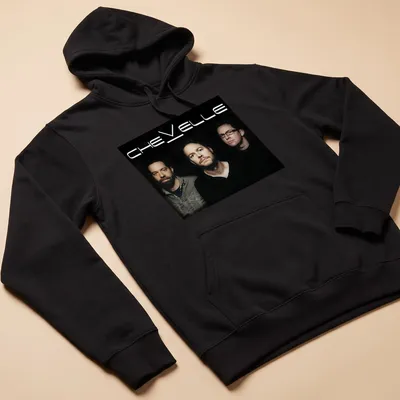 Photographic design of Chevelle band members with bold text above in black and gray — printed on a unisex hoodie