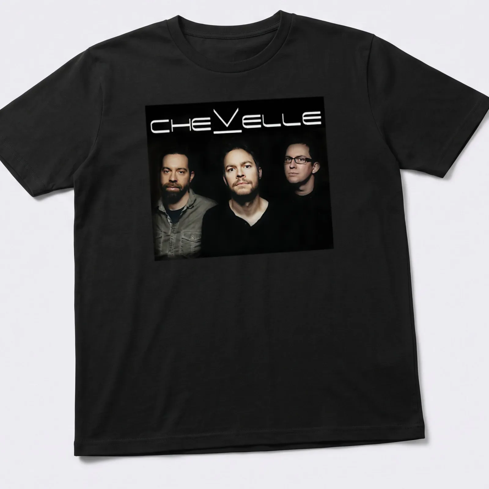 Photographic design of Chevelle band members with bold text above in black and gray — printed on a unisex t-shirt