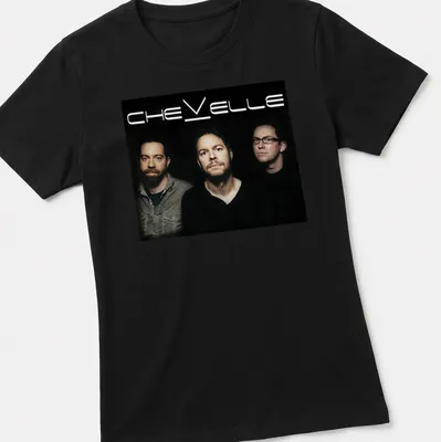 Photographic design of Chevelle band members with bold text above in black and gray — printed on a women's shirt