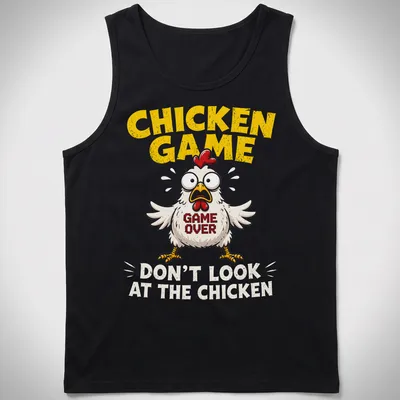 Cartoon Chicken Game t-shirt with bold text and colorful design — printed on a tank top