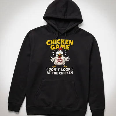 Cartoon Chicken Game t-shirt with bold text and colorful design — printed on a unisex hoodie