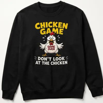 Cartoon Chicken Game t-shirt with bold text and colorful design — printed on a unisex sweatshirt