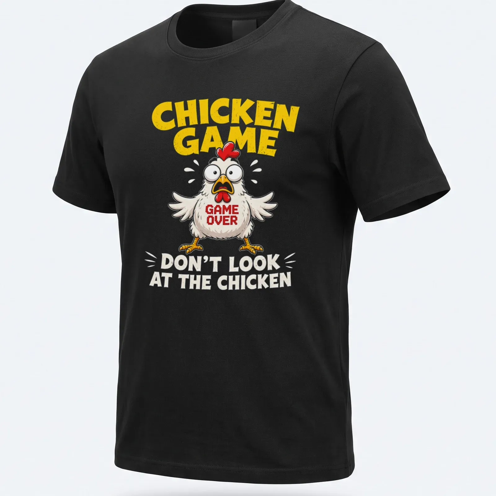 Cartoon Chicken Game t-shirt with bold text and colorful design — printed on a unisex t-shirt