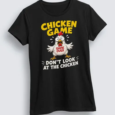 Cartoon Chicken Game t-shirt with bold text and colorful design — printed on a women's shirt