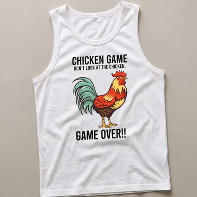 Vintage cartoon style Chicken Game t-shirt with colorful rooster and humorous text — printed on a tank top
