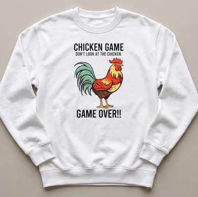 Vintage cartoon style Chicken Game t-shirt with colorful rooster and humorous text — printed on a unisex sweatshirt