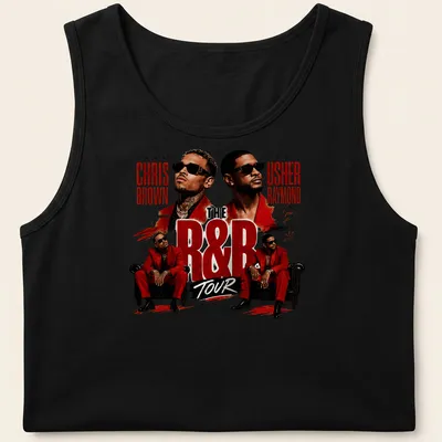 Bold graphic R&B tour t-shirt featuring Chris Brown and Usher — printed on a tank top