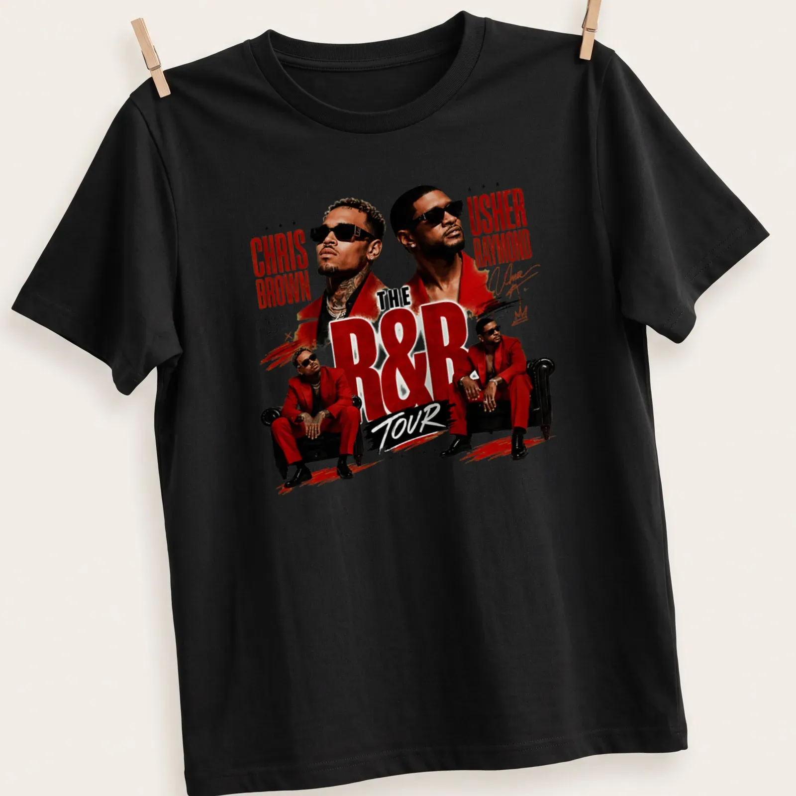 Bold graphic R&B tour t-shirt featuring Chris Brown and Usher — printed on a unisex t-shirt