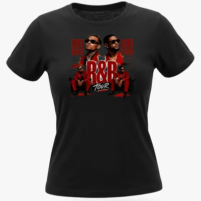 Bold graphic R&B tour t-shirt featuring Chris Brown and Usher — printed on a women's shirt