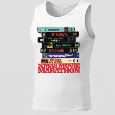 Vintage collage of Christmas movie VHS tapes with text 'XMAS MOVIE MARATHON' — printed on a tank top