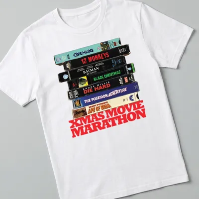 Vintage collage of Christmas movie VHS tapes with text 'XMAS MOVIE MARATHON'