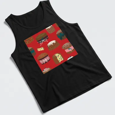 Whimsical pattern of Christmas panettone cakes in festive colors — printed on a tank top