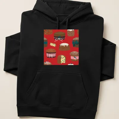Whimsical pattern of Christmas panettone cakes in festive colors — printed on a unisex hoodie