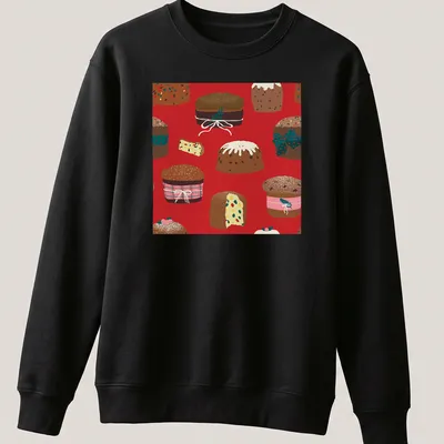 Whimsical pattern of Christmas panettone cakes in festive colors — printed on a unisex sweatshirt