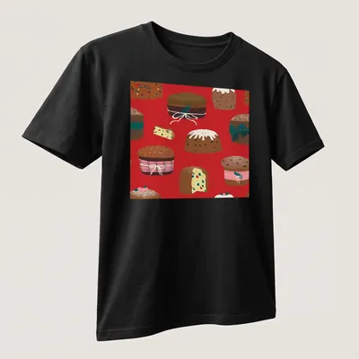 Whimsical pattern of Christmas panettone cakes in festive colors — printed on a unisex t-shirt (angled view)