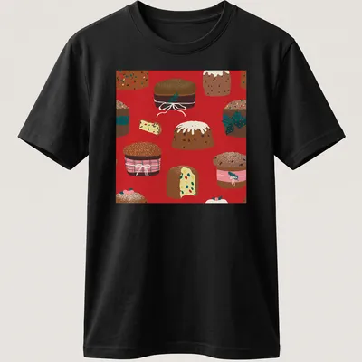 Whimsical pattern of Christmas panettone cakes in festive colors — printed on a unisex t-shirt