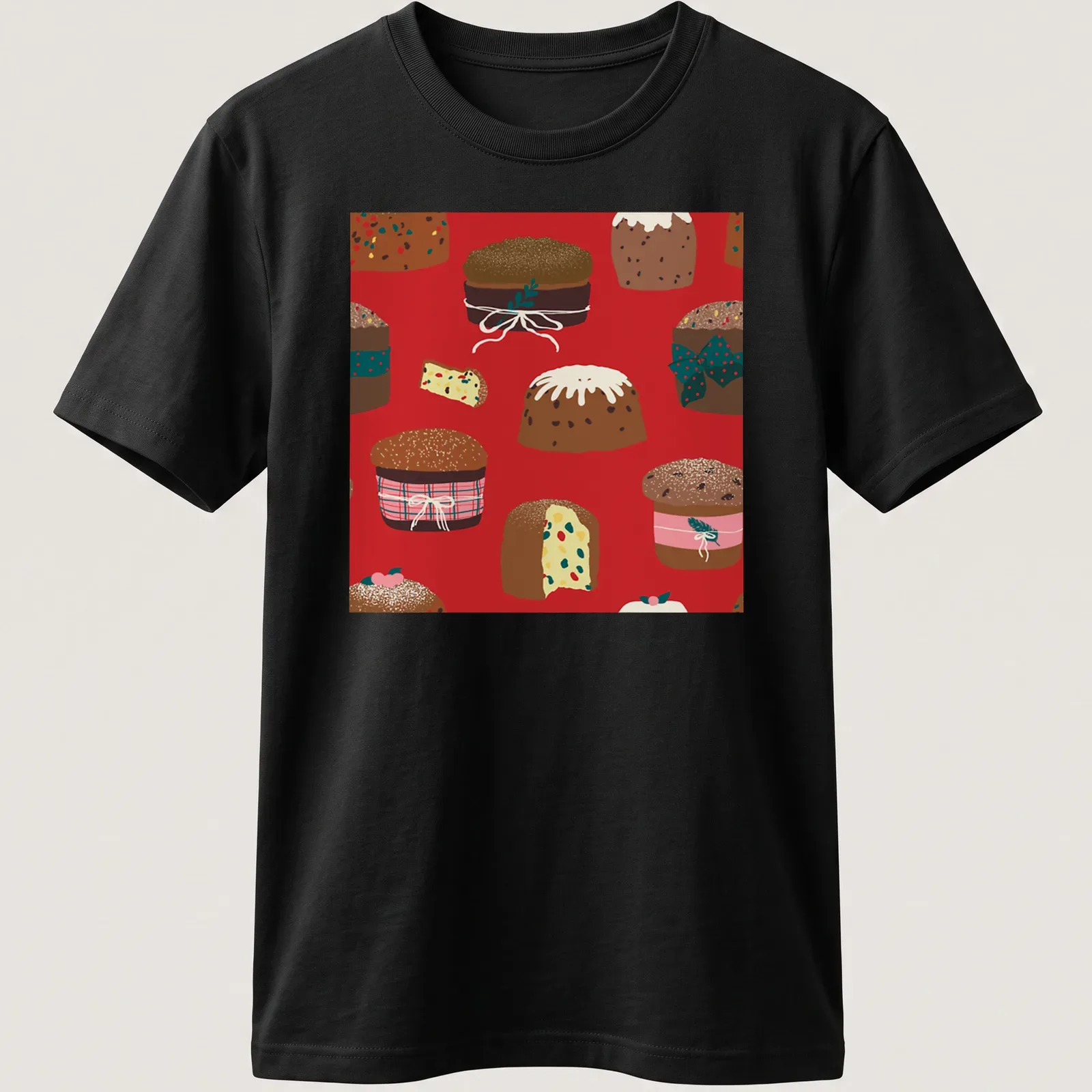 Whimsical pattern of Christmas panettone cakes in festive colors — printed on a unisex t-shirt