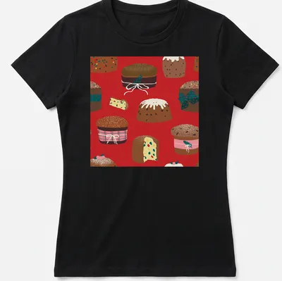 Whimsical pattern of Christmas panettone cakes in festive colors — printed on a women's shirt