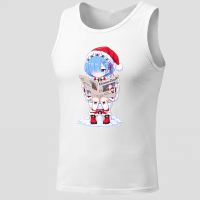 Kawaii anime girl reading a newspaper with Christmas-themed text in red, white, and blue — printed on a tank top