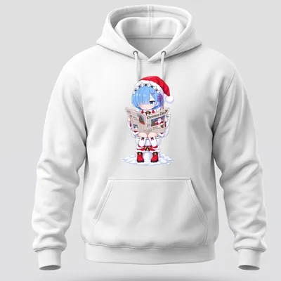 Kawaii anime girl reading a newspaper with Christmas-themed text in red, white, and blue — printed on a unisex hoodie