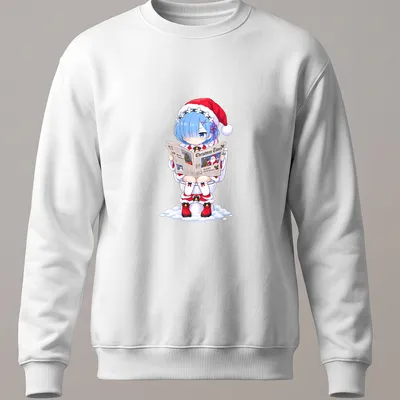 Kawaii anime girl reading a newspaper with Christmas-themed text in red, white, and blue — printed on a unisex sweatshirt