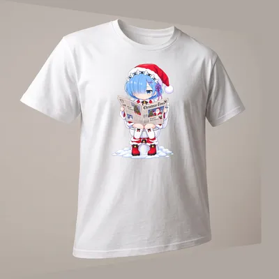 Kawaii anime girl reading a newspaper with Christmas-themed text in red, white, and blue — printed on a unisex t-shirt (angled view)