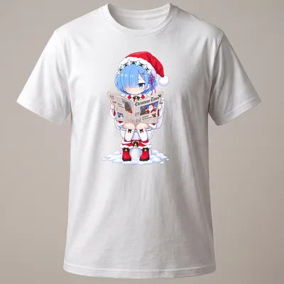 Kawaii anime girl reading a newspaper with Christmas-themed text in red, white, and blue
